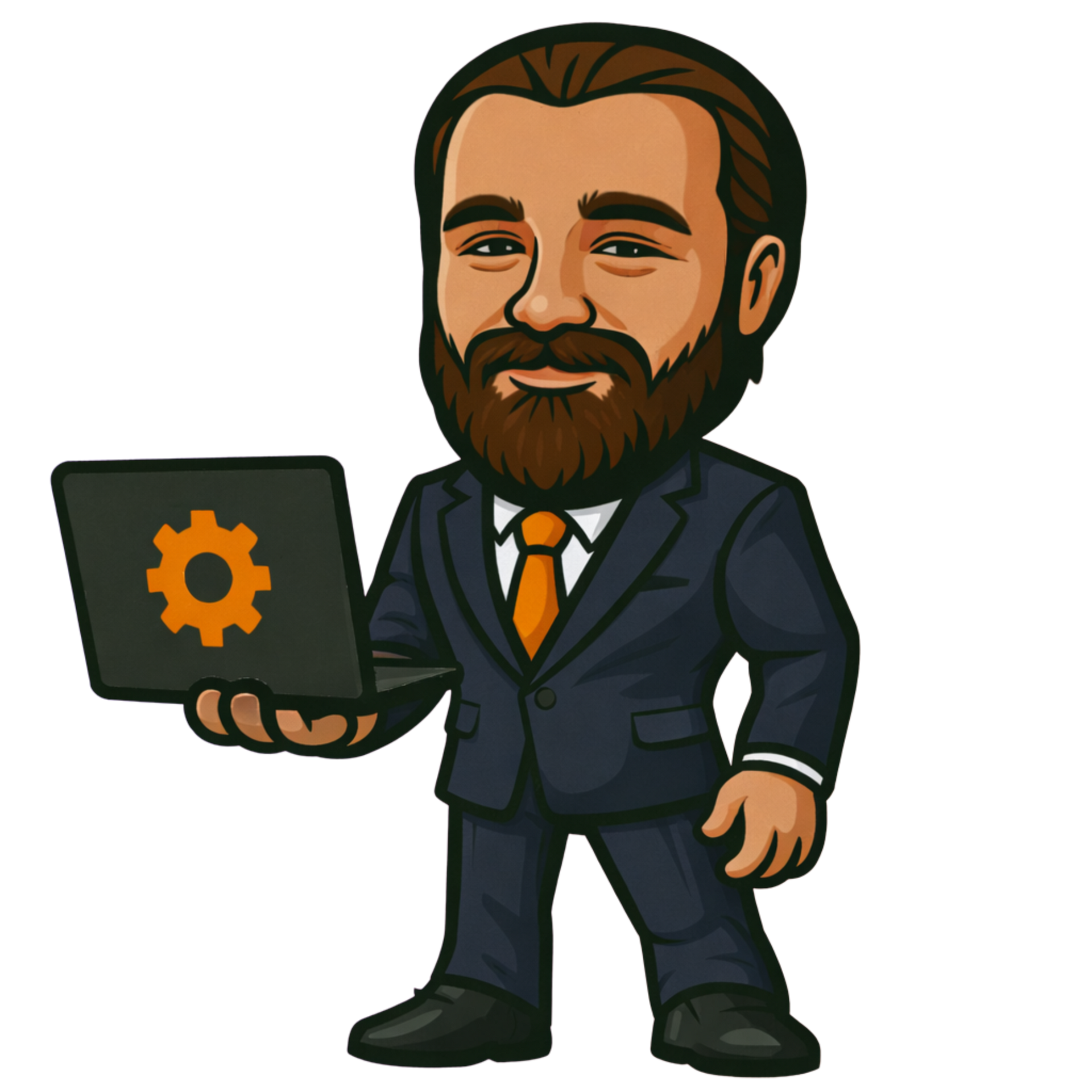 Robot met een groot oog als hoofd, die zwaait. Donkergrijs met oranje accenten.