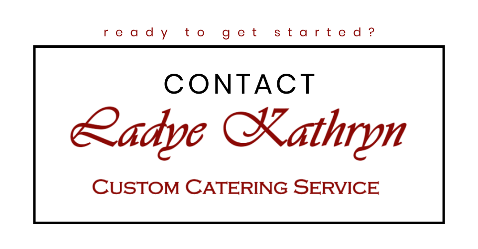 Contact card for Lady Kathryn Custom Catering Service in red and black on white background