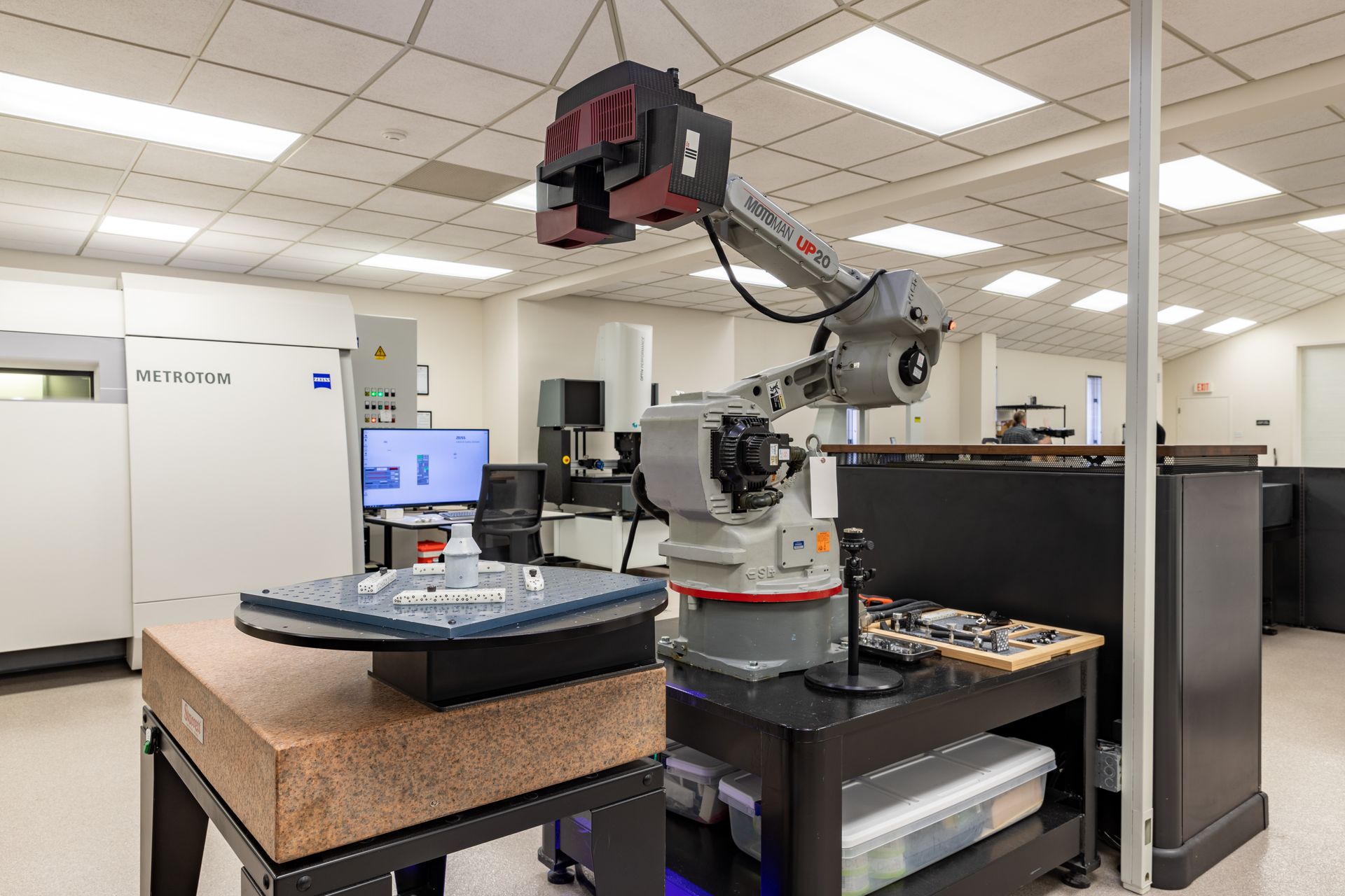A bunch of blue instruments are sitting on top of a table.