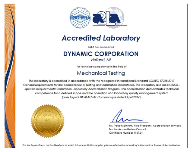 An accredited laboratory dynamic corporation certificate for mechanical testing.