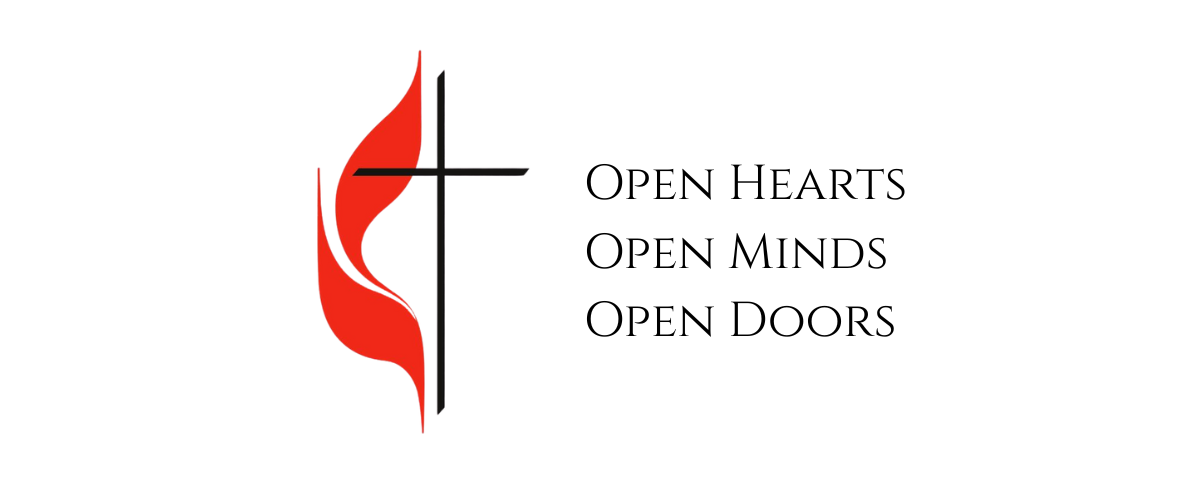 cross with red flame on left side with words Open Hearts, Open Minds, Open Doors