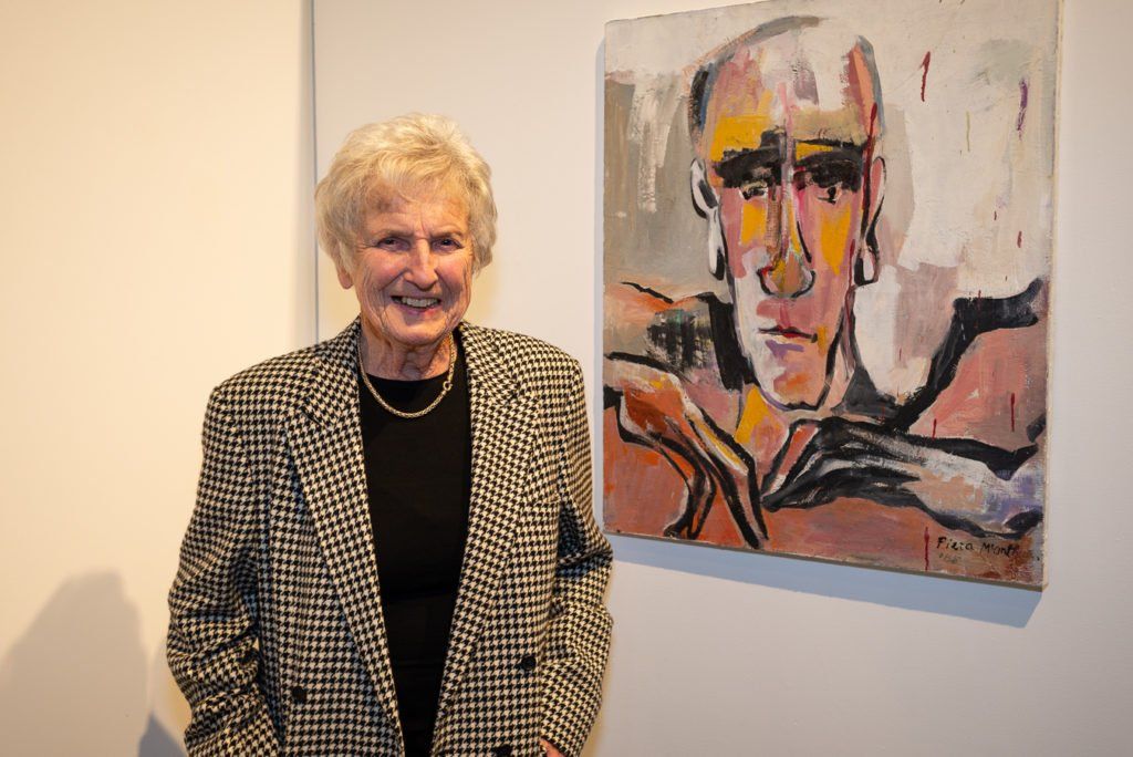 New Zealand artist Piera McArthur with her portrait of Douglas MacDiarmid c1988 at the opening of Colours of a Life exhibition at the New Zealand Portrait Gallery, 12 July 2018. Collection: Piera McArthur, Wellington. New Zealand artist Piera McArthur with her portrait of Douglas MacDiarmid c1988 at the opening of Colours of a Life exhibition at the New Zealand Portrait Gallery, 12 July 2018. Collection: Piera McArthur, Wellington.