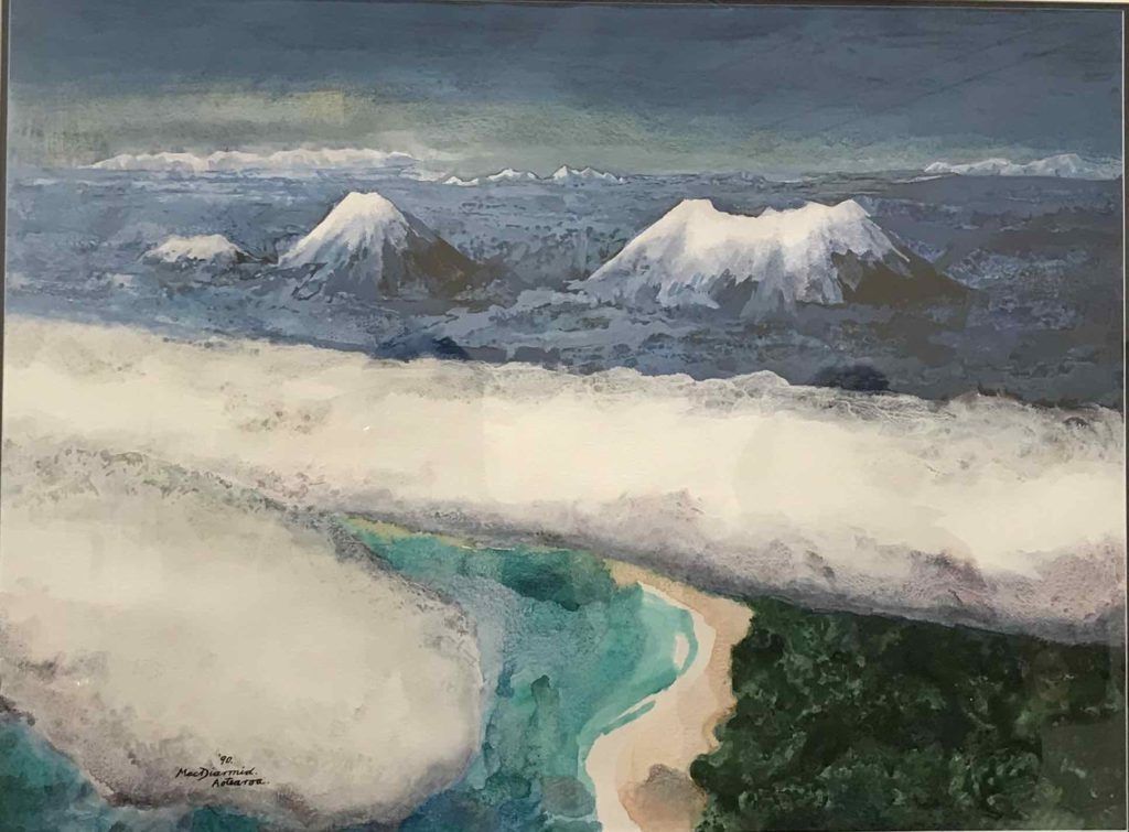 Aotearoa 1990 by Douglas MacDiarmid. Acrylic on paper 97x76cm. Private collection, New Zealand.