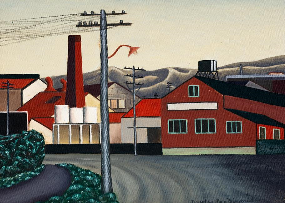 Christchurch, March 1945 by Douglas MacDiarmid. Oil on board, 229 x 317mm. Wells Family Collection, New Zealand