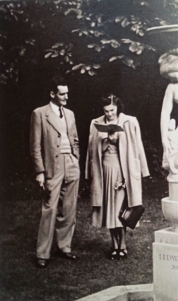 Douglas MacDiarmid and Danuta at a sculpture exhibition in Battersea Park, London, 1947.