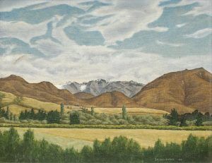 Hills from Annat (1946) by Douglas MacDiarmid, oil on canvas board. N. Barrett Bequest Collection, Christchurch Art Gallery. Purchased 2010.