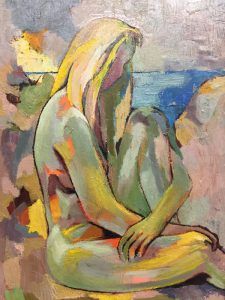 Seated Nude 1957 by Douglas MacDiarmid. Oil on hardwood, 23.5 x 25cm