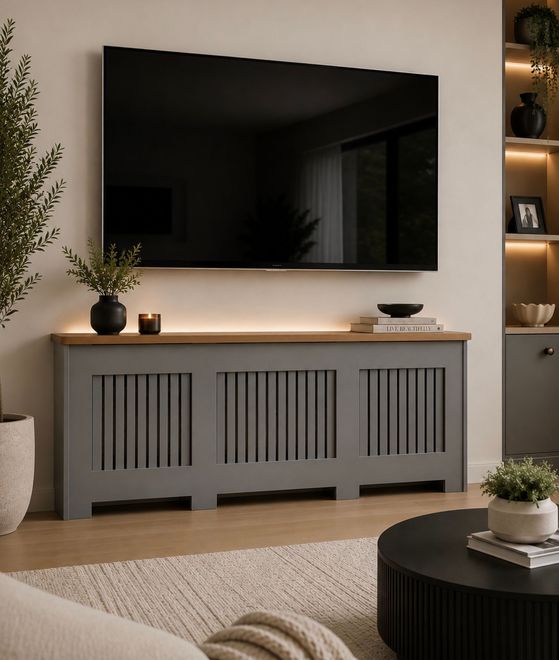 A wooden radiator cover with a sculpture on top of it
