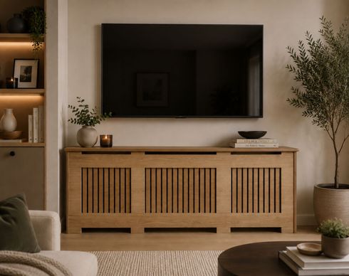 A wooden radiator cover with a sculpture on top of it