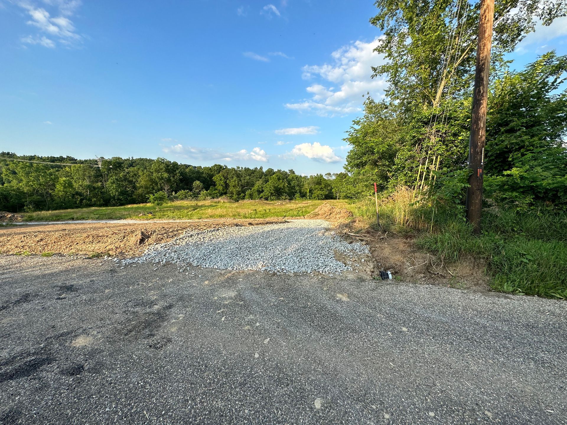 A dirt road going through a field with trees on the side of it.