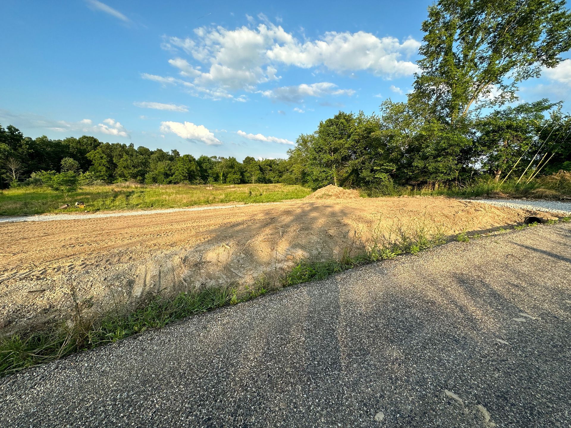 A dirt road leading to a field with trees in the background.