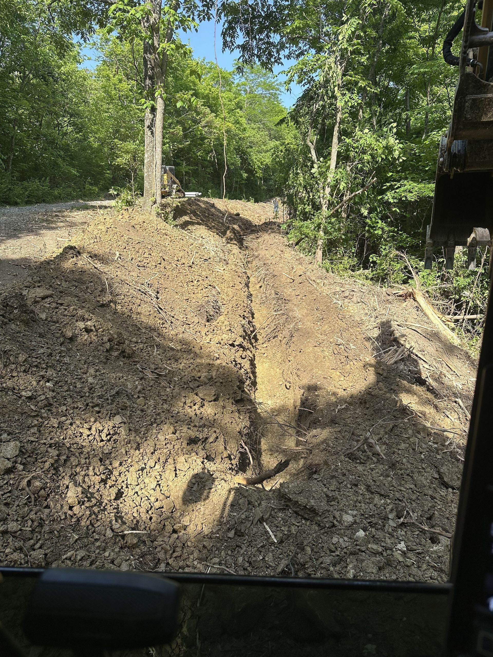 A person is driving a bulldozer on a dirt road in the woods.