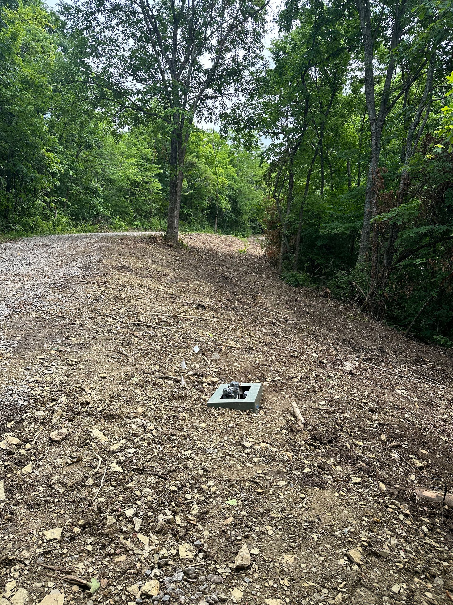 A drain in the middle of a dirt road in the woods.