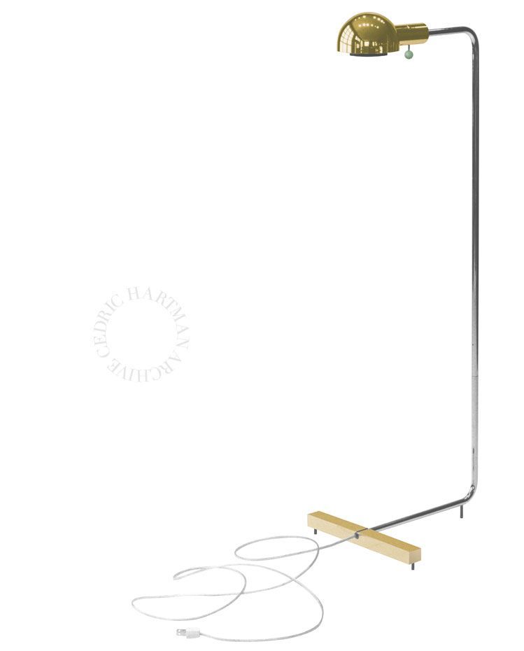 a brass floor lamp with a wooden base on a white background .