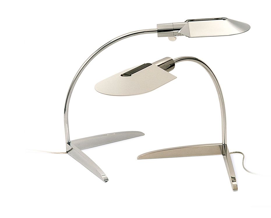 a pair of silver lamps with a white shade on a white background