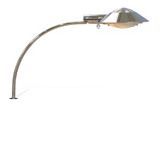 a stainless steel street light with a curved arm on a white background .