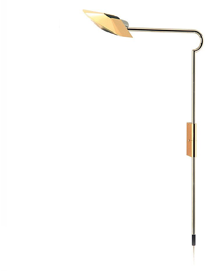 a wall light with a leaf shaped shade on a white background .