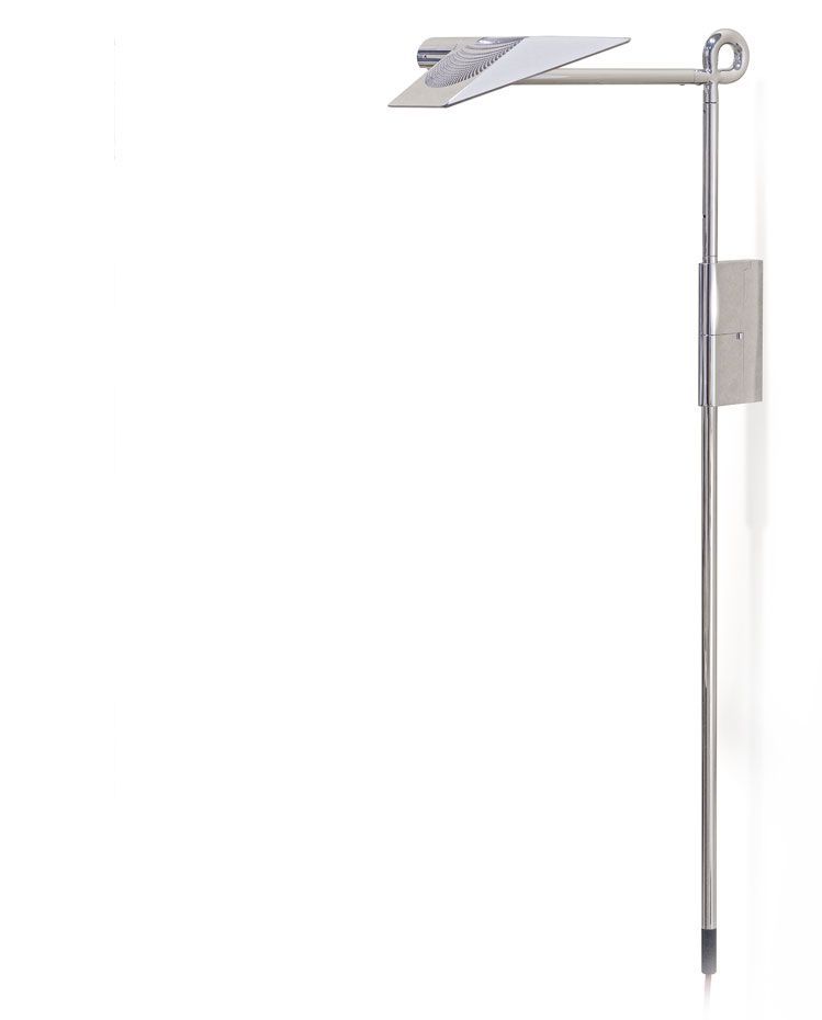 a stainless steel wall light with a white shade on a white background .