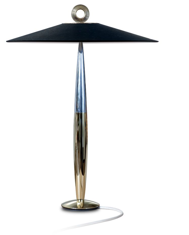 a table lamp with a black shade on a white background .
