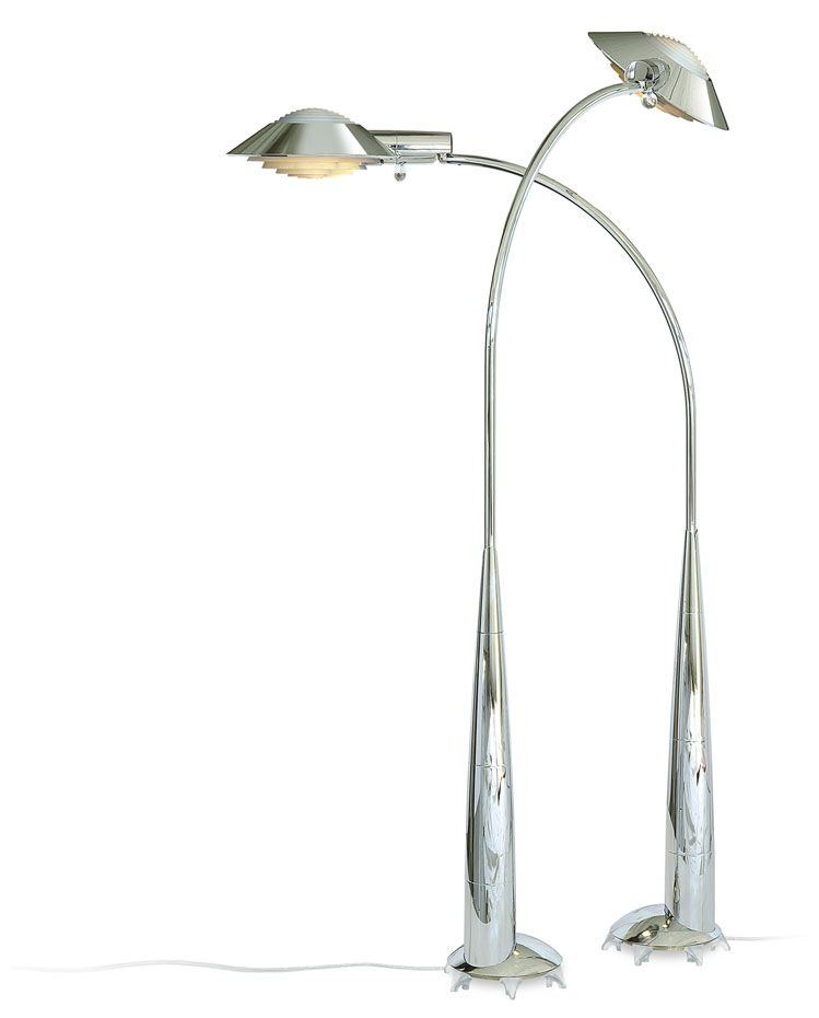 a pair of chrome floor lamps on a white background