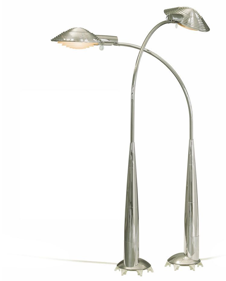 a pair of silver floor lamps on a white background