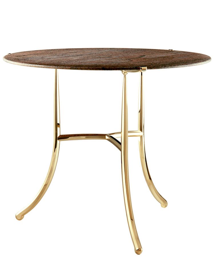 a round table with a wooden top and gold legs