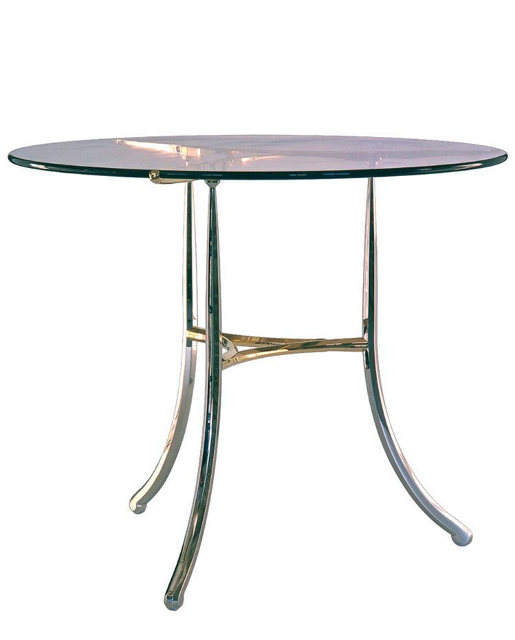 a round glass table with a metal frame on a white background .