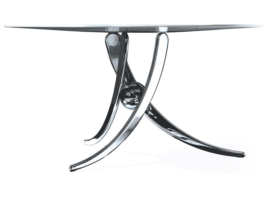 a silver table with a glass top and a metal base on a white background .