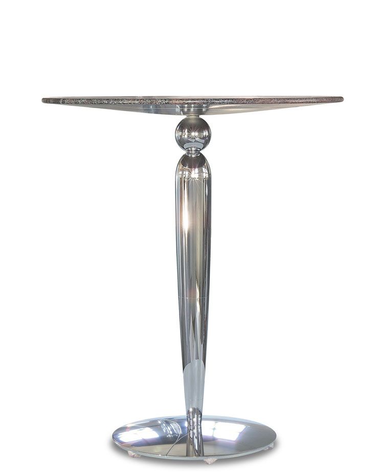 a round table with a chrome base on a white background .