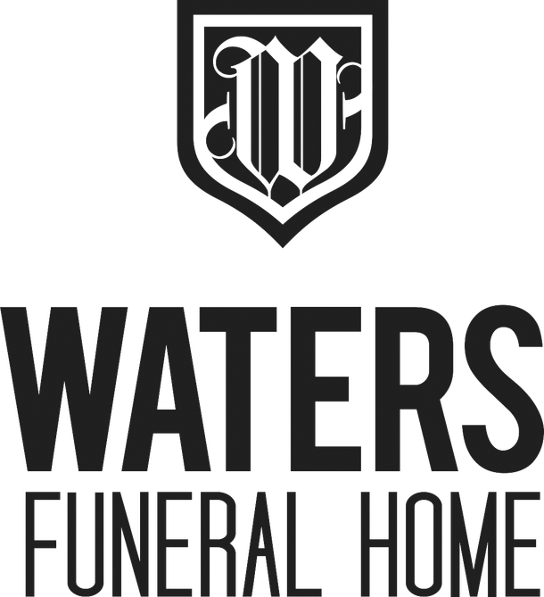 Waters Funeral Home logo in black and white with shield emblem above the name