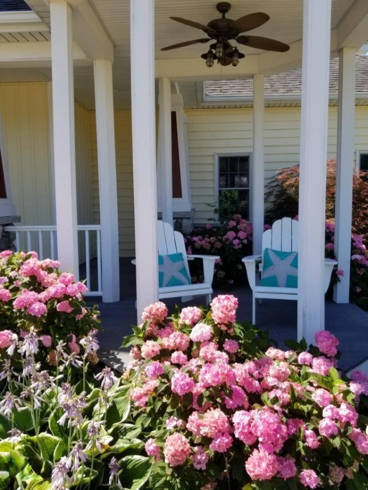 A porch with chairs and flowers and a ceiling fan