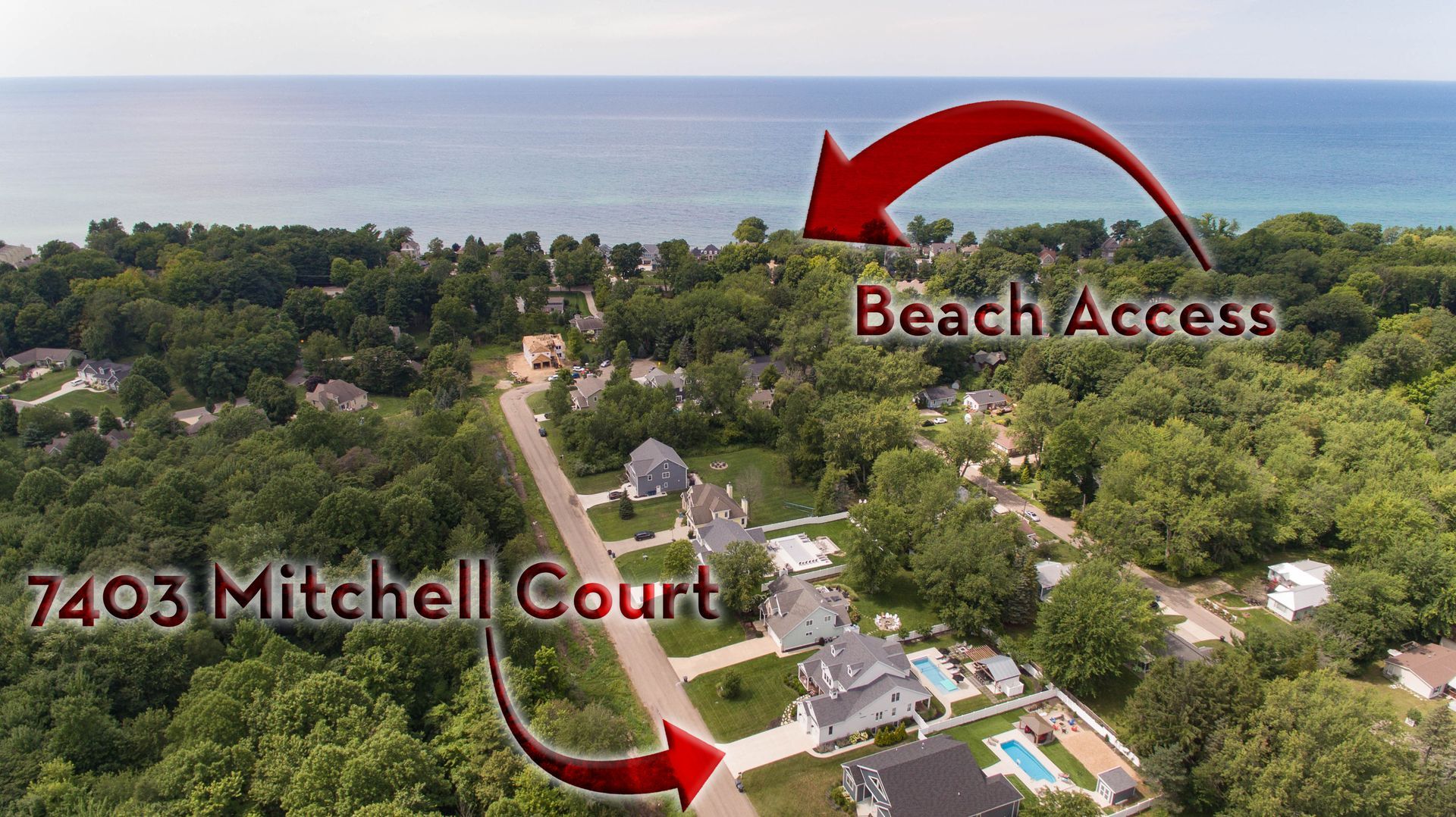 An aerial view of mitchell court and beach access