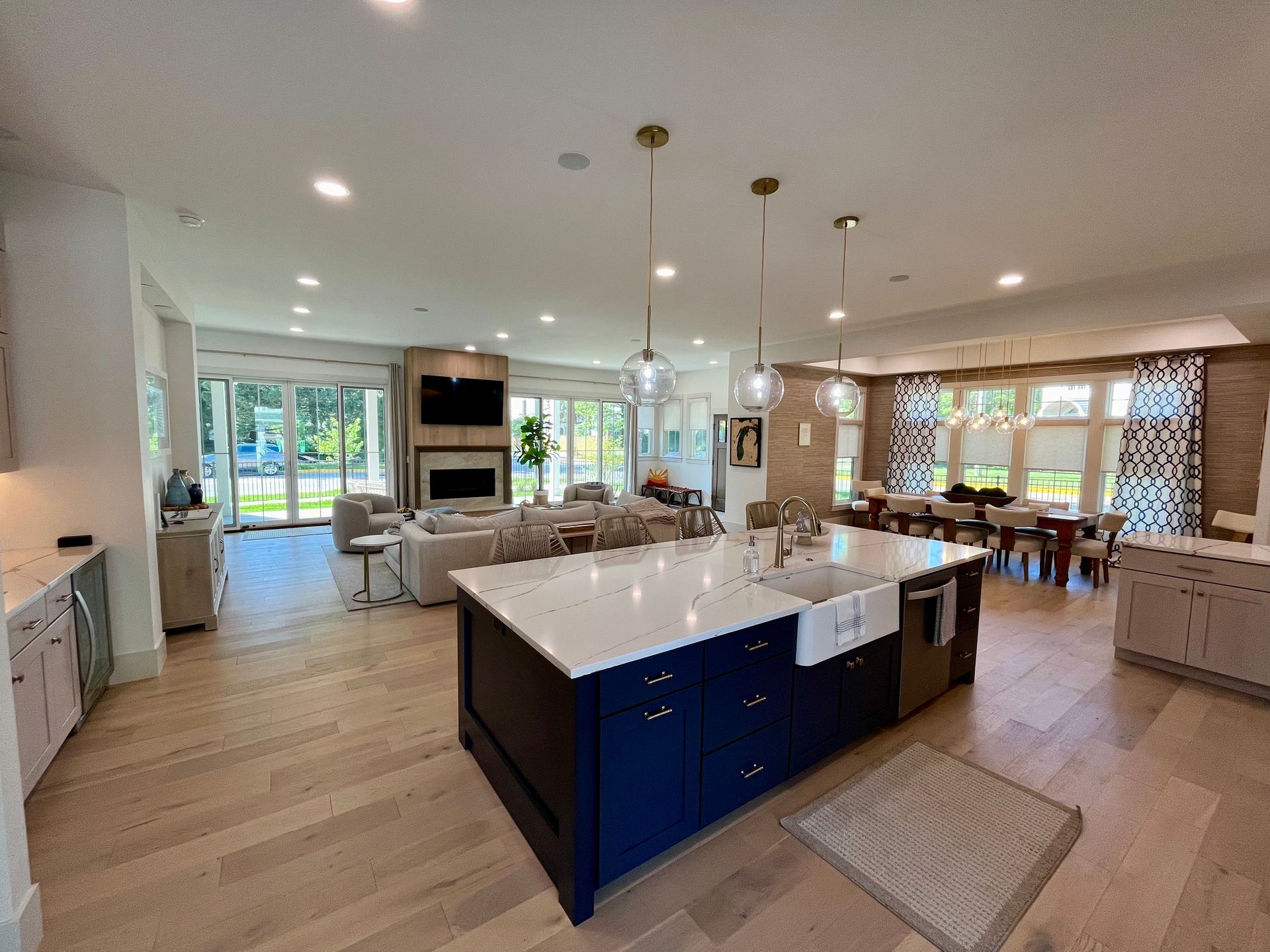 There is a large island in the middle of the kitchen.