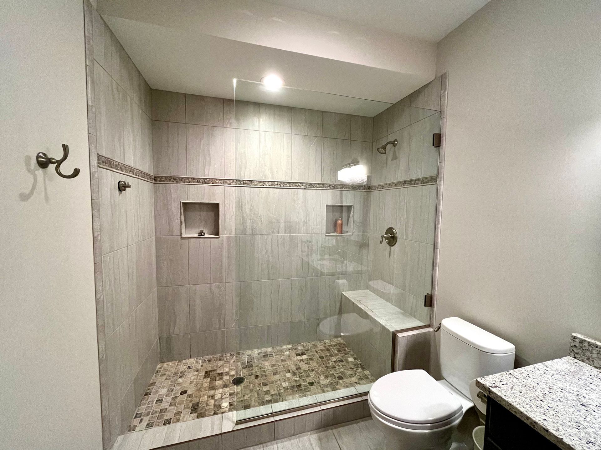 A bathroom with a toilet and a walk in shower.