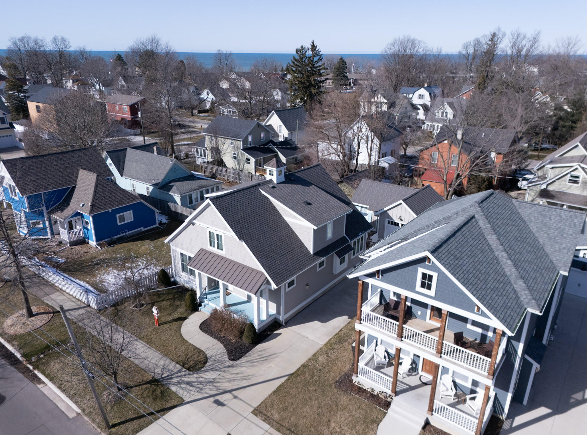 An aerial view of a residential area with lots of houses.