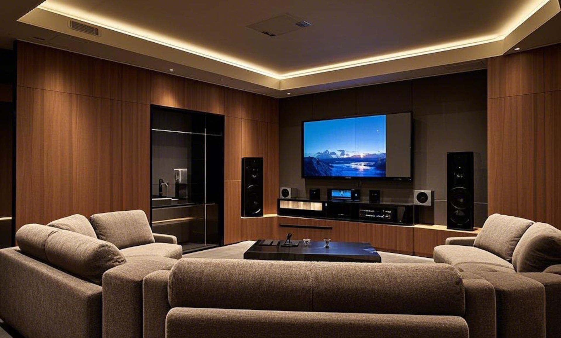 Modern home theater with beige sofas, wall-mounted TV, and warm wood paneling