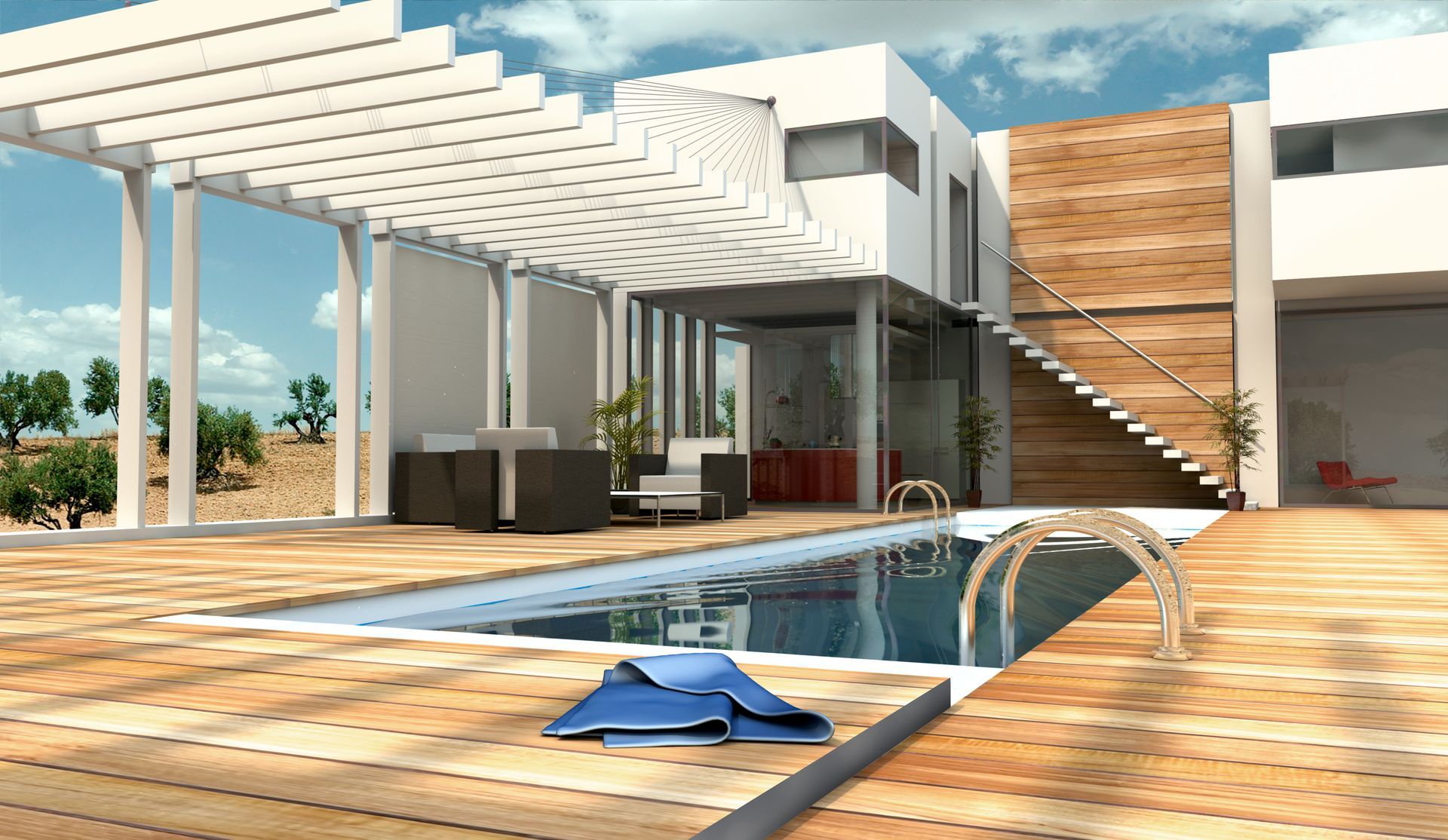 Modern white home with pool and wooden deck; outdoor lounge area under pergola.