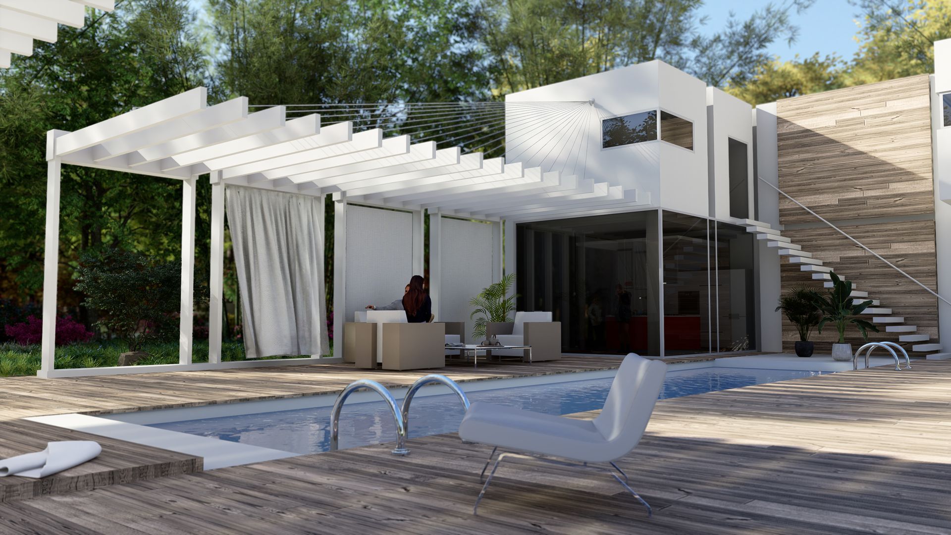 Modern white home with a pool, pergola, and outdoor seating.
