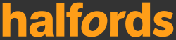 Halfords logo in orange lowercase text on a black background