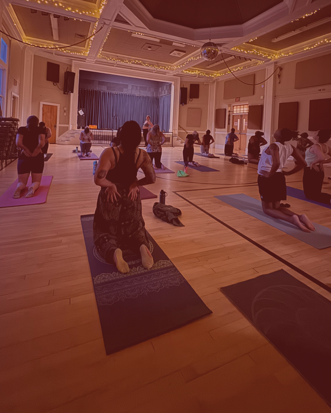 A group stretches on yoga mats in a gymnasium