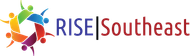 RISE LOGO WITH 6 INDIVIDUALS HOLDIG HANDS IN A CIRCLE 