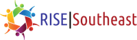 RISE LOGO WITH 6 INDIVIDUALS HOLDIG HANDS IN A CIRCLE 