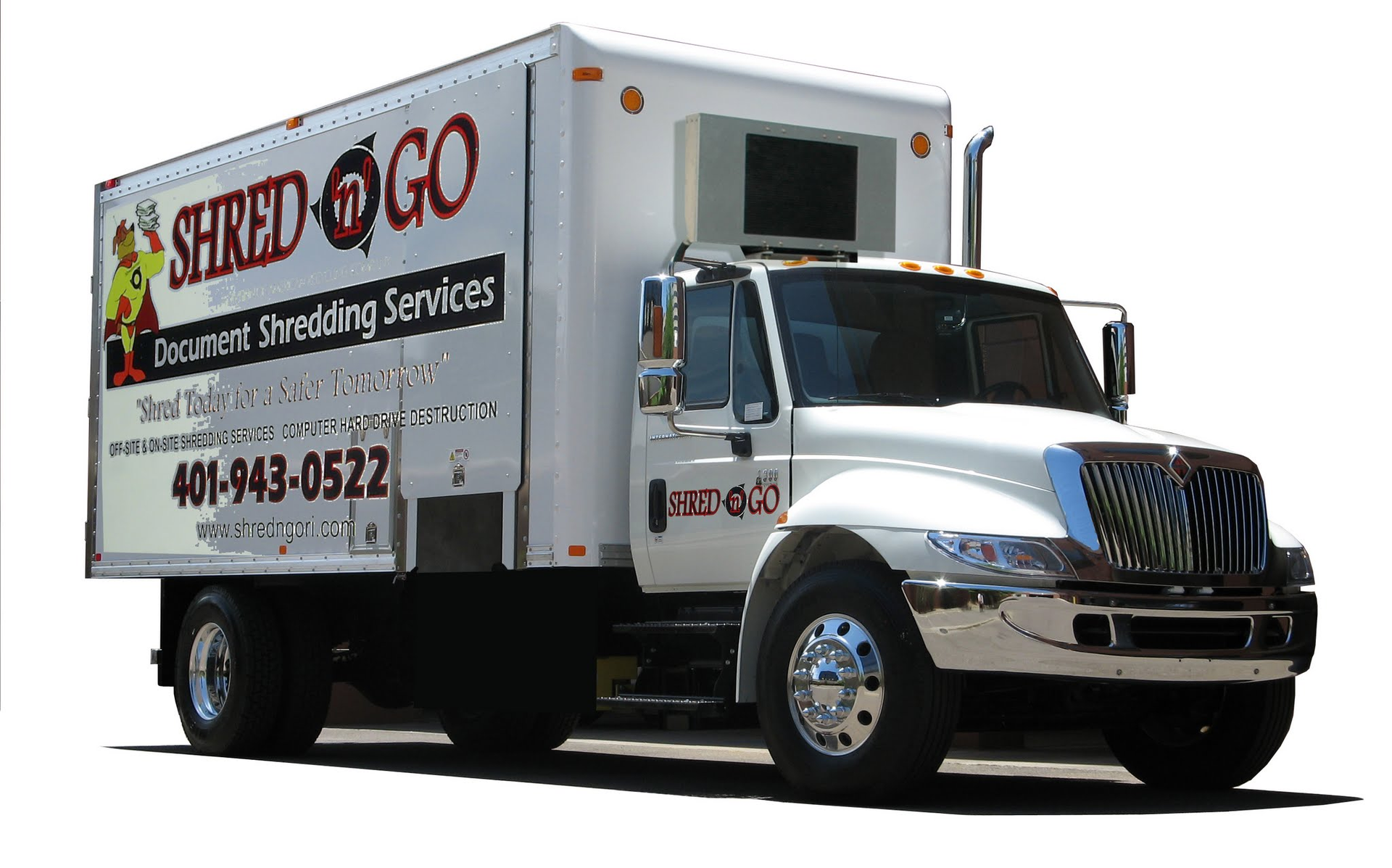 White Shred Go truck with logo, providing on-site shredding services.