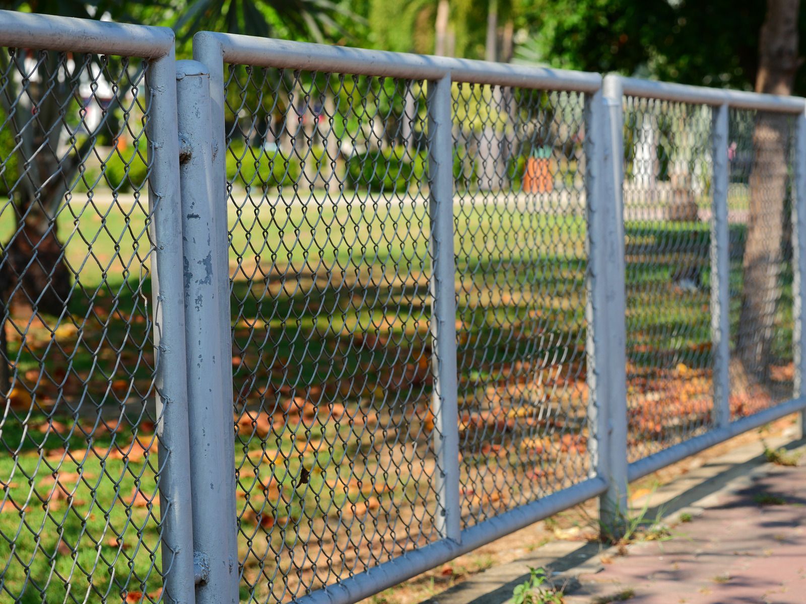 Chain-link fence along a sidewalk with trees and a grassy park behind it