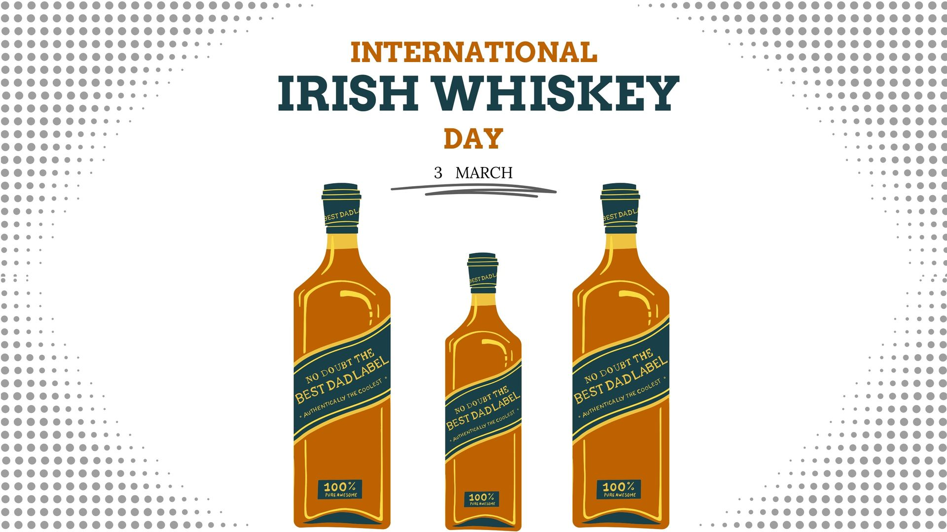 International Irish Whiskey Day graphic with three whiskey bottles on a white background with a dotted pattern.