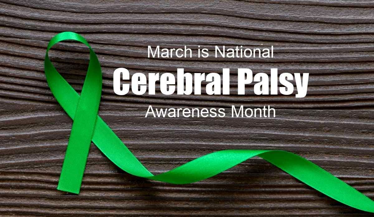 Green ribbon on wood background, text: 