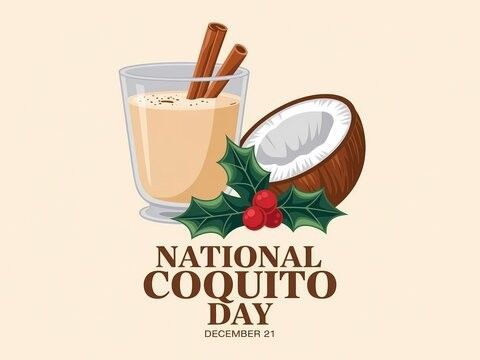 National Pumpkin Spice Day graphic with pumpkin, drink, leaves, and cinnamon sticks.