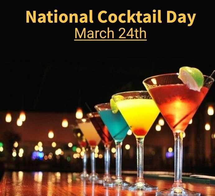 Cocktails lined up on a bar for National Cocktail Day on March 24th; colorful drinks with garnishes.
