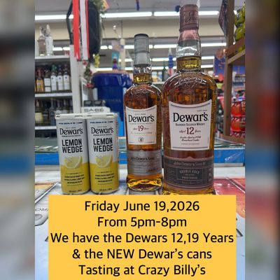 Dewar’s whiskey display with promotional sign for Friday June 19, 5pm–8pm tasting at Catz by Crayley’s