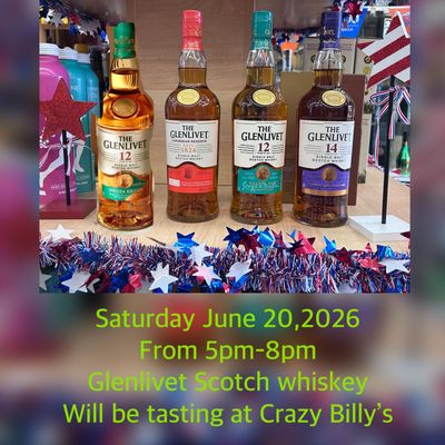 Scotch whiskey tasting poster with four Glenlivet bottles and event details for Saturday June 20, 2026 at Crazy Billy’s